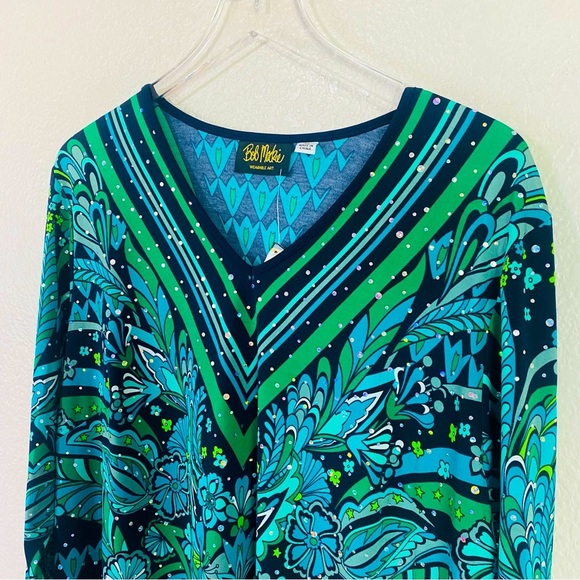 Bob Mackie Wearable Art Iridescent Floral Stretch Long Sleeve Blouse Size XL - Picture 2 of 8